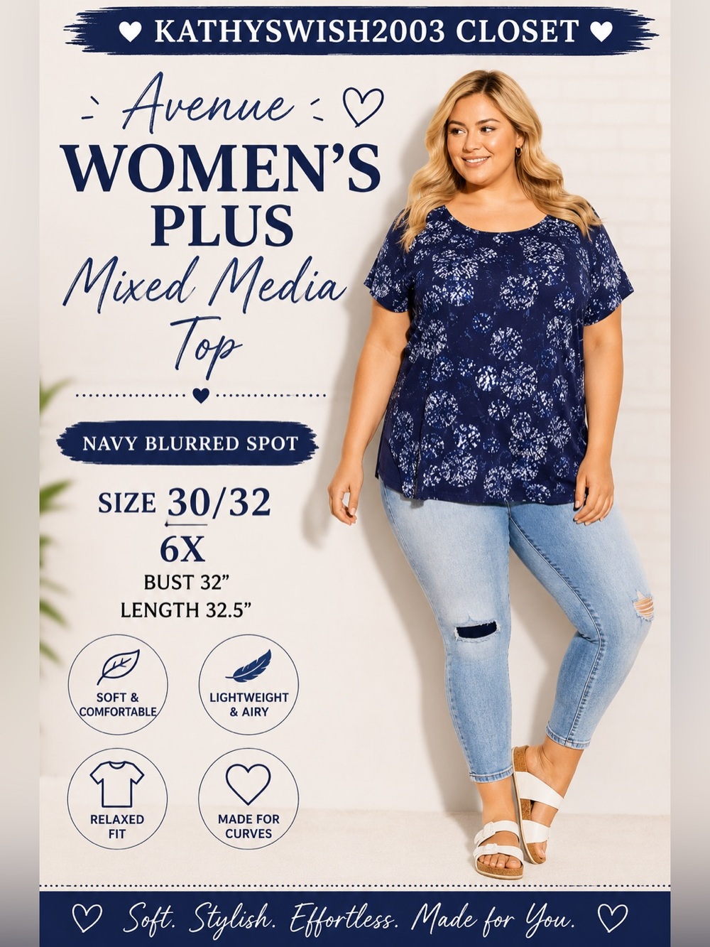 Avenue Women's Plus Mixed Media Navy Blurred Spot 30/32 6 X Bust 32” Len…